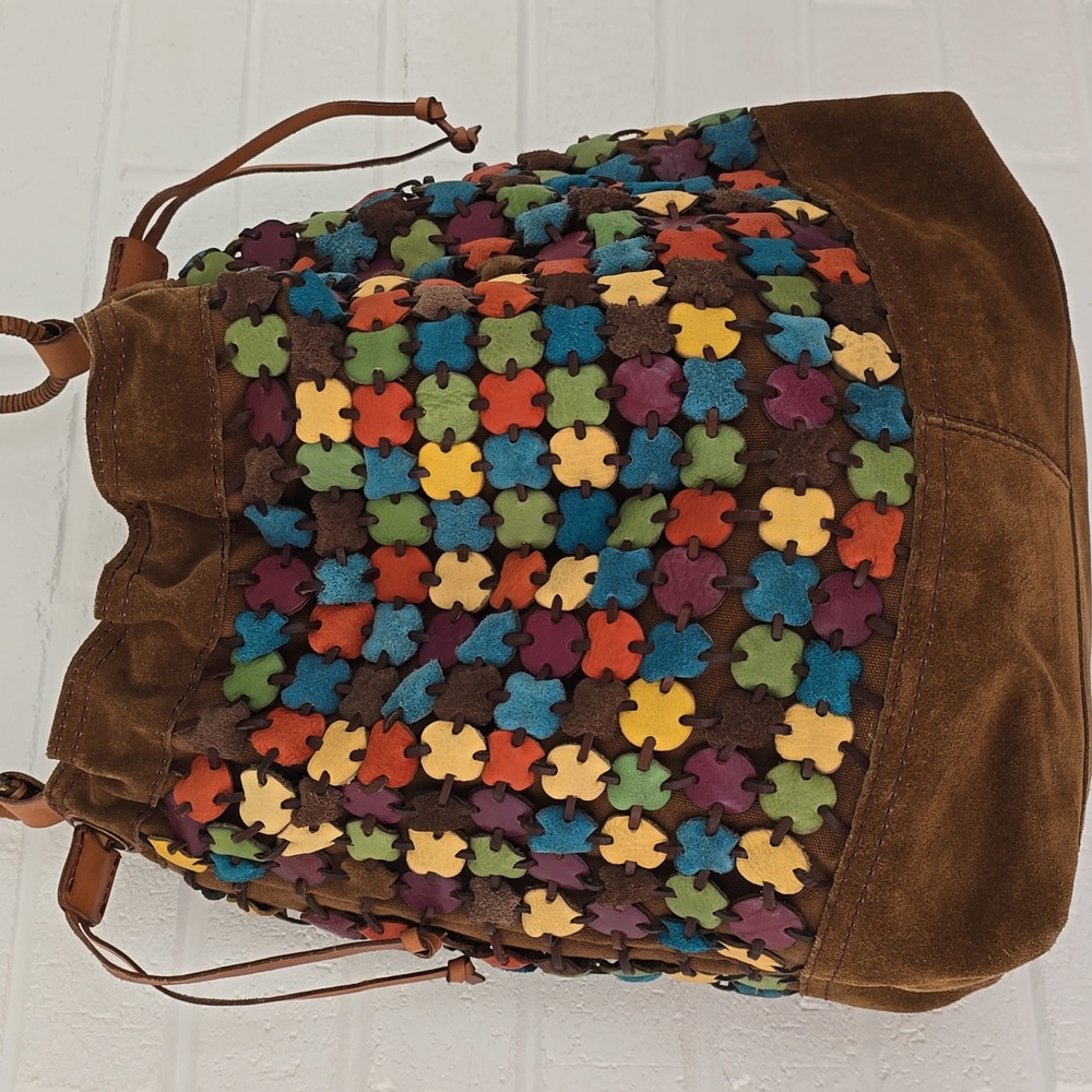 Lucky Brand Multicolor Puzzle-Piece Suede Drawstring Shoulder Bag
